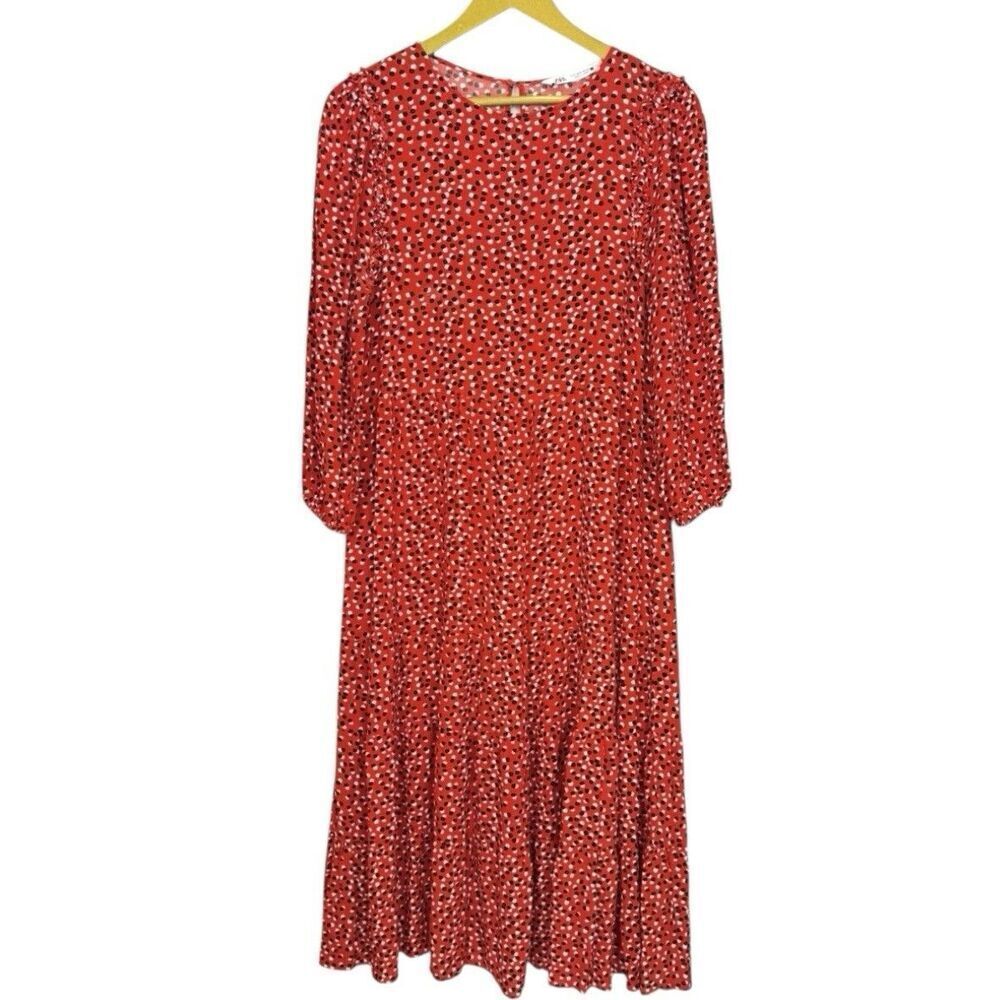 Zara Tiered Midi Maxi Dress Size M Red Floral Long Sleeve Cottage Modest Preppy